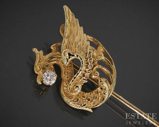 14k Yellow Gold Round Natural .08ct Diamond Griffin Stick Pin 3.1g i19516