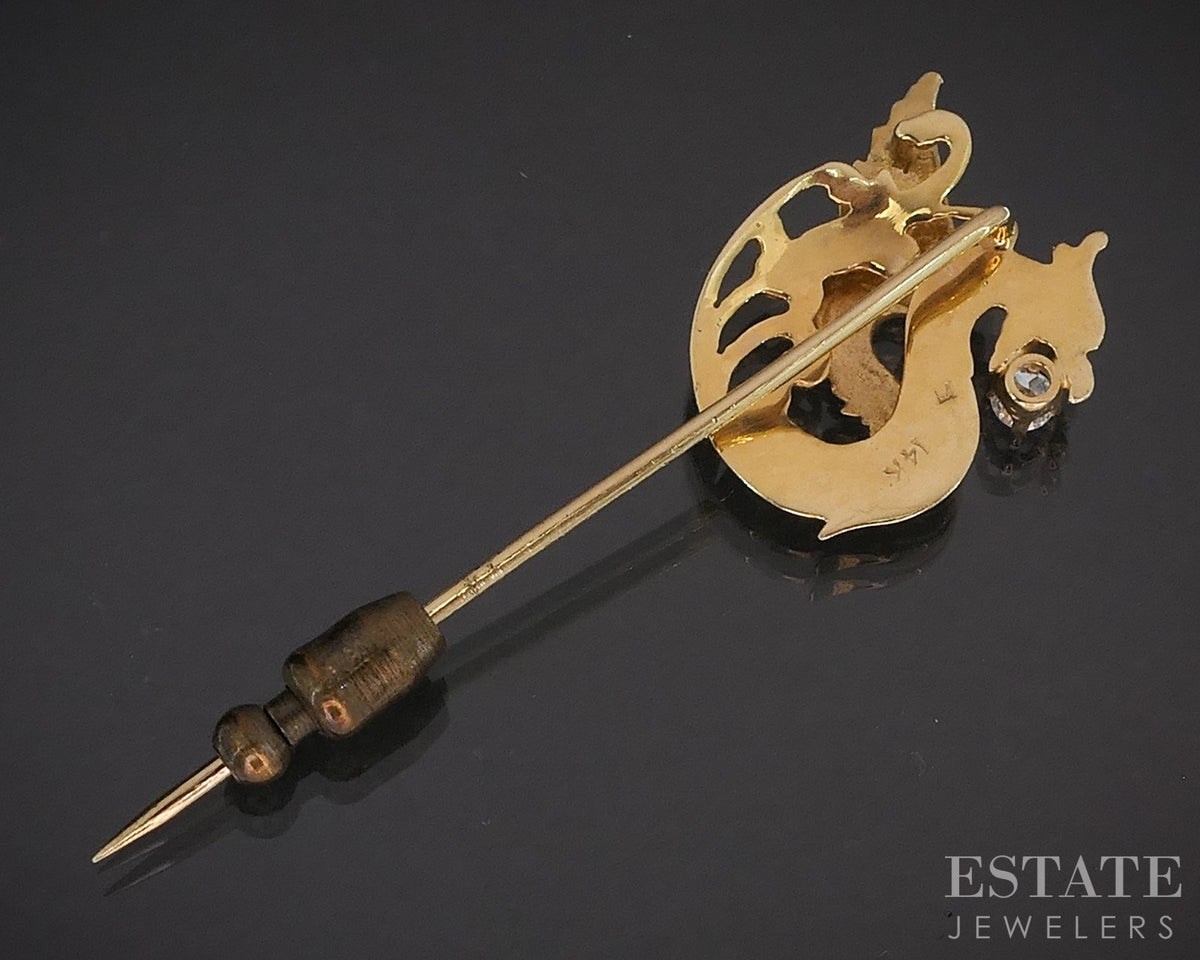 14k Yellow Gold Round Natural .08ct Diamond Griffin Stick Pin 3.1g i19516