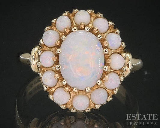 Vintage 10k Yellow Gold Oval Natural Opal Halo Ladies Ring 3.1g i19515