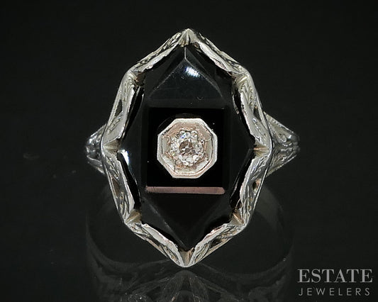 Antique 18k White Gold Natural Black Onyx & Diamond Filigree Ring 3.8g i19512