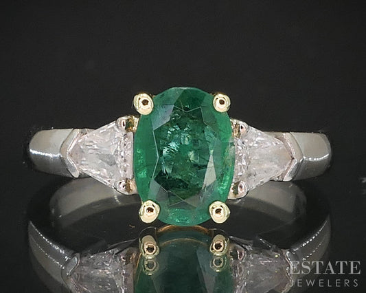 18k Yellow Gold Platinum Oval Natural 1ct Emerald & Diamond Ring 4.4g i19511