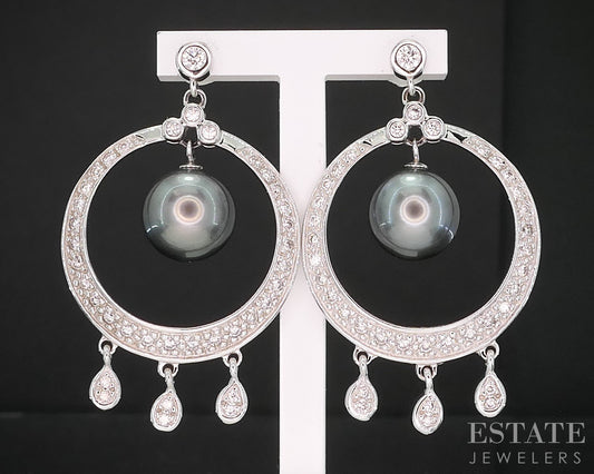 14k White Gold Tahitian Black Pearl & Diamond Circle Dangle Earrings 10g i19510