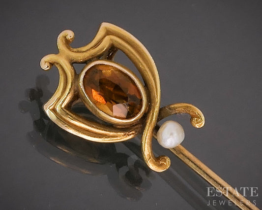 Antique Art Nouveau 14k Yellow Gold Citrine & Seed Pearl Stick Pin 1.7g i19504