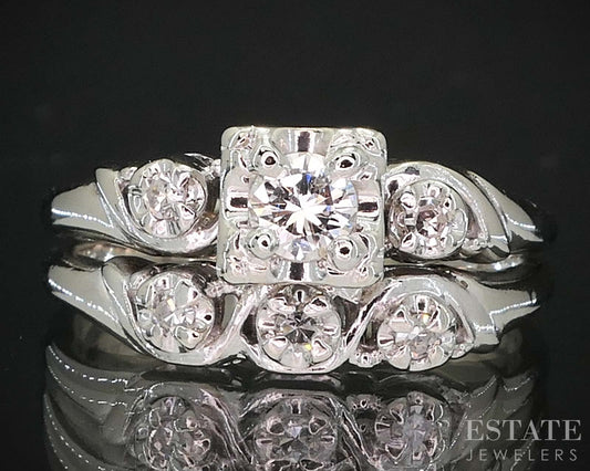 Antique 14k White Gold Round Natural .30ctw Diamond Wedding Set 5.4g i19539b