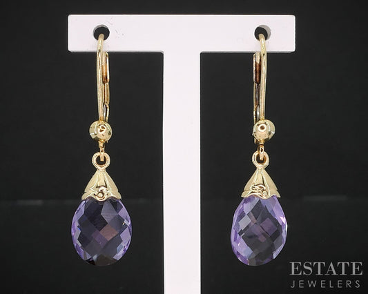 14k Yellow Gold Pear Cut Natural Amethyst Dangle Ladies Earrings 2.3g i19558b