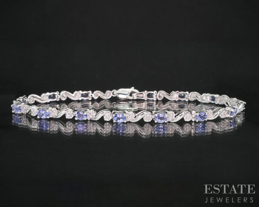14k White Gold Natural Tanzanite & Diamond Tennis Bracelet 6.5g 7.25"L i19543b