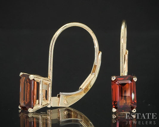 14k Yellow Gold Emerald Cut Garnet Lever Back Dangle Earrings 1.4g i19550b