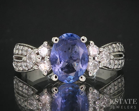 14k White Gold Oval Natural Tanzanite & Diamond Ladies Ring 4.1g i19559b