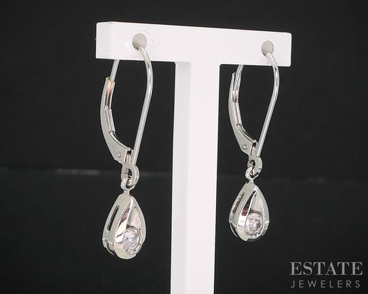 14k White Gold Natural .28ctw Diamond Tear Drop Dangle Earrings 2g i19557b