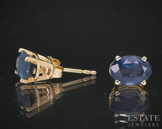 14k Yellow Gold Oval Natural Blue Sapphire Stud Earrings i19556b