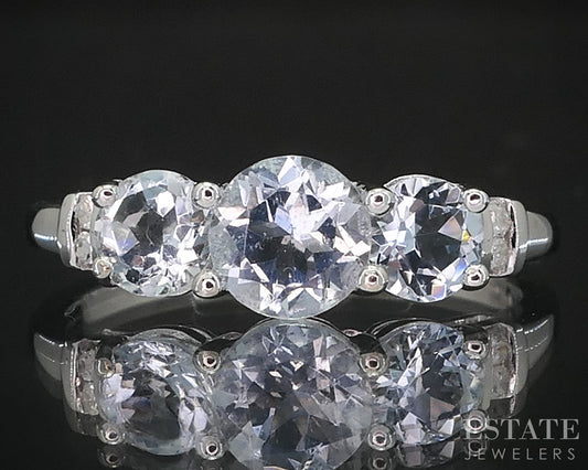 10k White Gold Round Natural Aquamarine & Diamond Ladies Ring 1.6g i19560