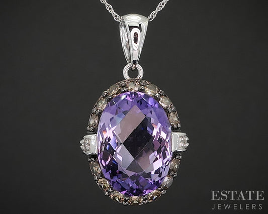 14k White Gold Natural Amethyst & Champagne Diamond Necklace 4.4g 18"L i19561