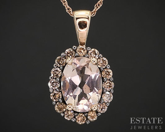 10k Rose Gold Oval Natural 1.15ct Morganite & Diamond Necklace 2.1g 18"L i19562