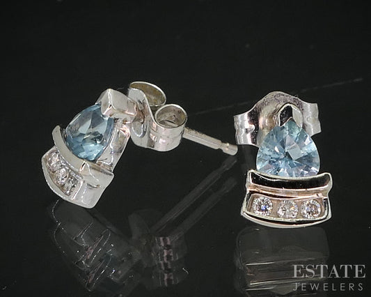 14k White Gold Natural Blue Topaz & Diamond Stud Earrings 1.3g i19580