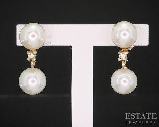 14k Yellow Gold 6mm Cultured Pearl & Diamond Dangle Earrings 2.1g i19565