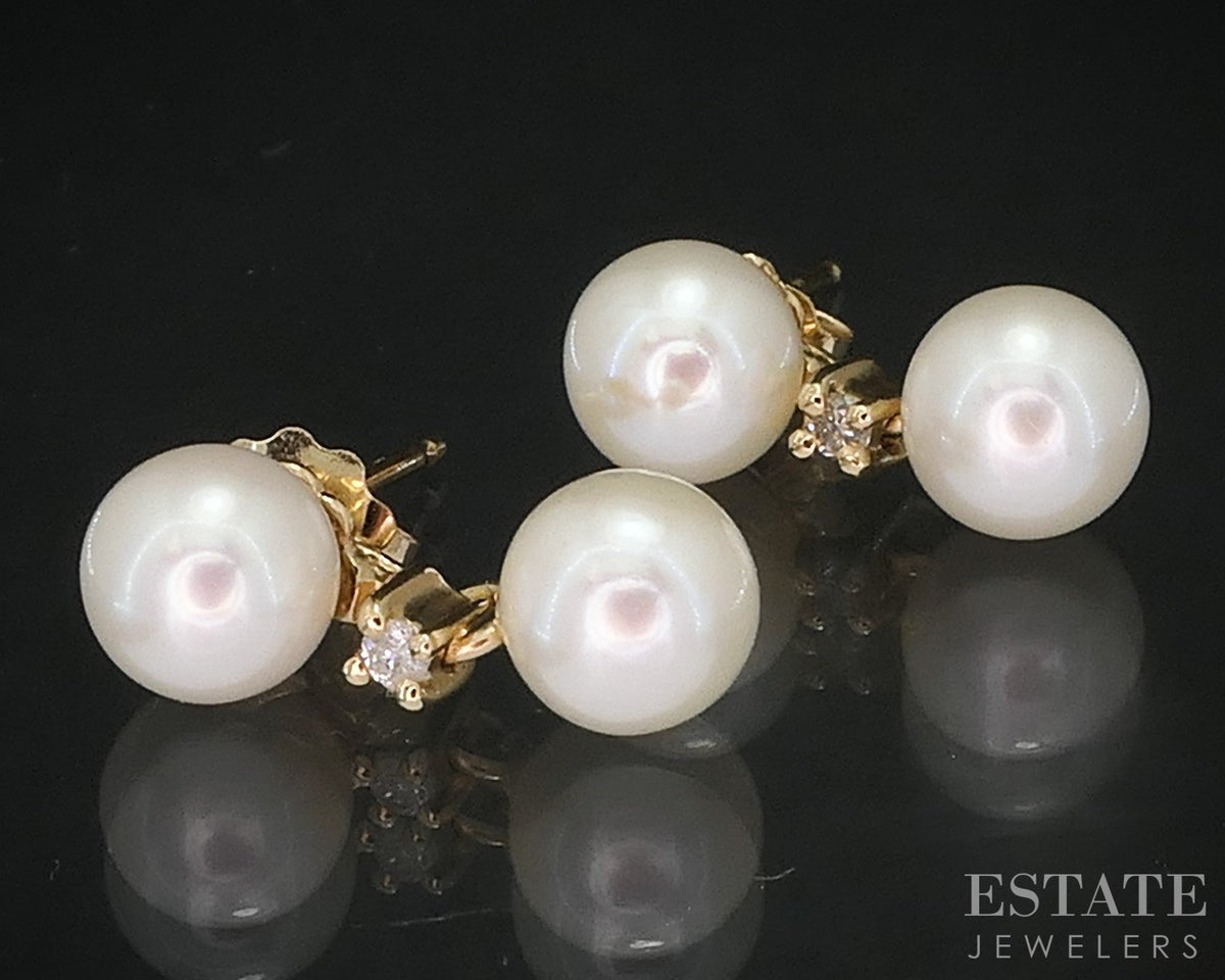 14k Yellow Gold 6mm Cultured Pearl & Diamond Dangle Earrings 2.1g p85243