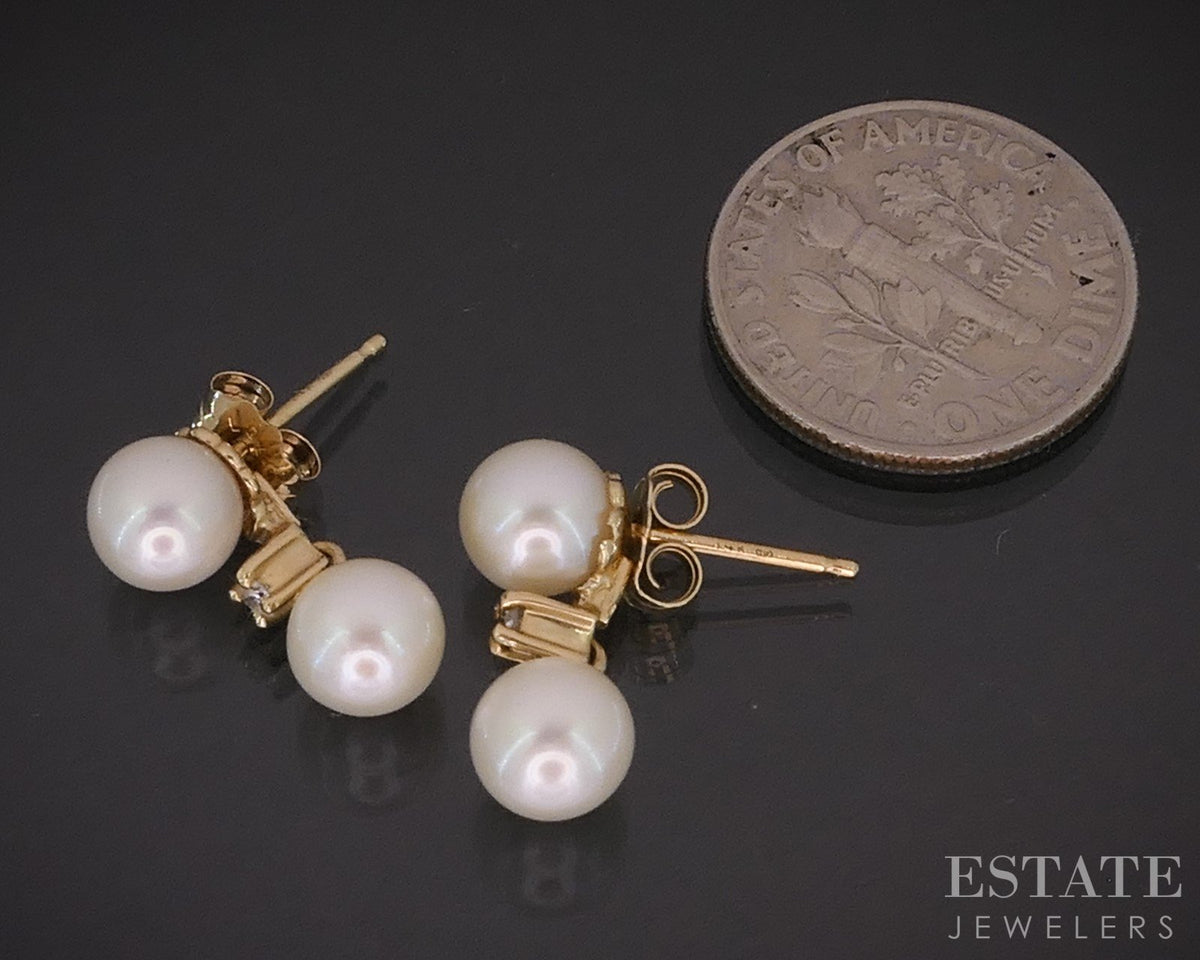 14k Yellow Gold 6mm Cultured Pearl & Diamond Dangle Earrings 2.1g p85243