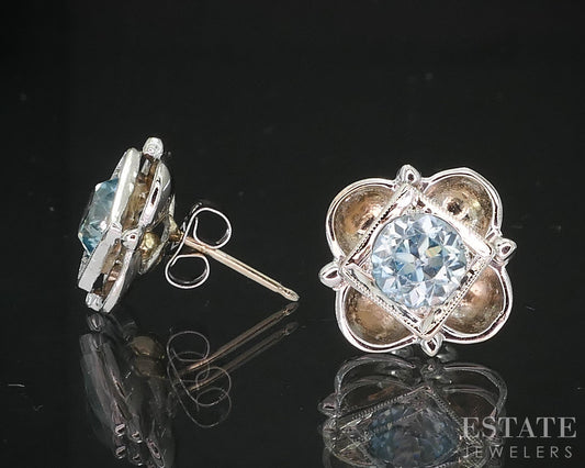 Vintage 14k White Gold Natural Blue Zircon Ladies Stud Earrings 3.0g p85273