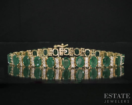 14k Yellow Gold Natural Emerald & Diamond Tennis Bracelet 19.5g 8"L i19588b