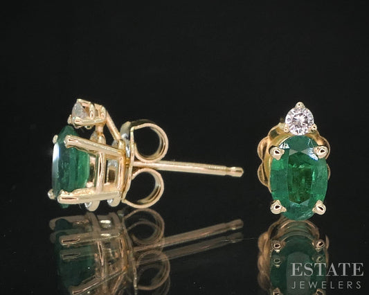 14k Yellow Gold Natural Emerald & Diamond Stud Earrings 1g i19604b