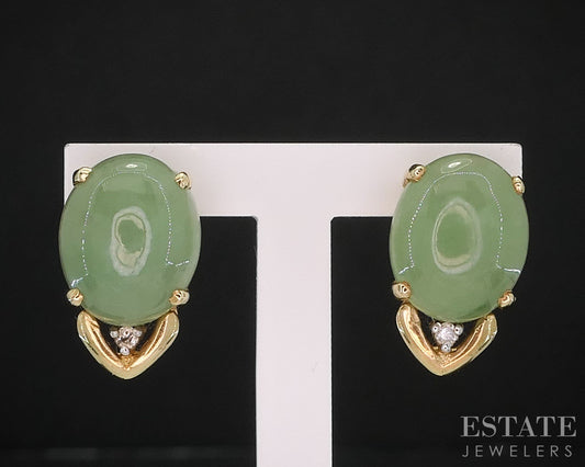 14k Yellow Gold Natural Green Jade & Diamond Stud Earrings 3.3g i19602b