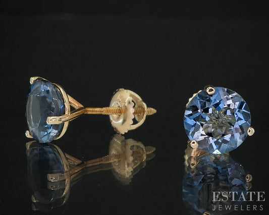 14k Yellow Gold Round Natural London Blue Topaz Screw Back Earrings 2g i19593b