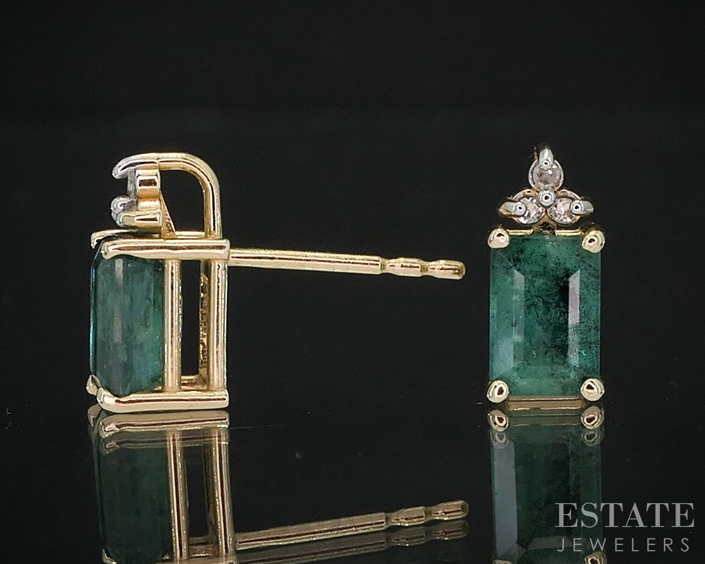 14k Yellow Gold Natural Emerald & Diamond Stud Earrings 1.2g i19601b