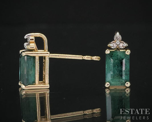 14k Yellow Gold Natural Emerald & Diamond Stud Earrings 1.2g i19601b