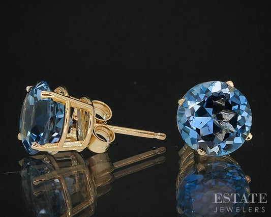 14k Yellow Gold Round 7.7mm Natural Blue Topaz Stud Earrings 1.7g i19599b