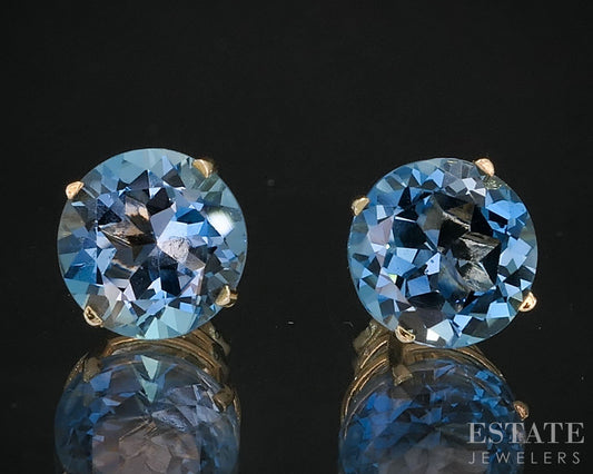 14k Yellow Gold Round 7.7mm Natural Blue Topaz Stud Earrings 1.7g i19599b