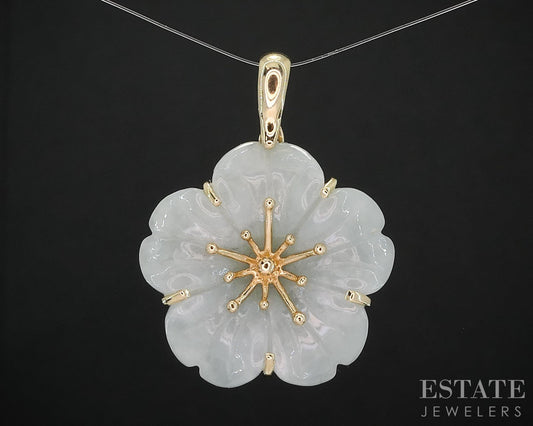 14k Yellow Gold Natural Green Jade Carved Flower Enhancer Pendant 7.8g i19606b
