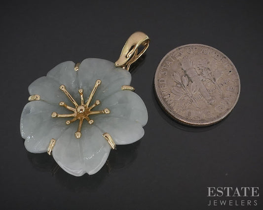 14k Yellow Gold Natural Green Jade Carved Flower Enhancer Pendant 7.8g i19606b