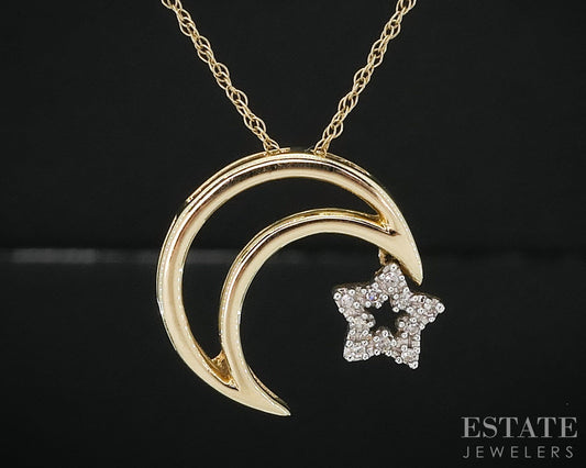 14k Yellow Gold Natural Diamond Crescent Moon Star Necklace 1.7g 18"L i19590b