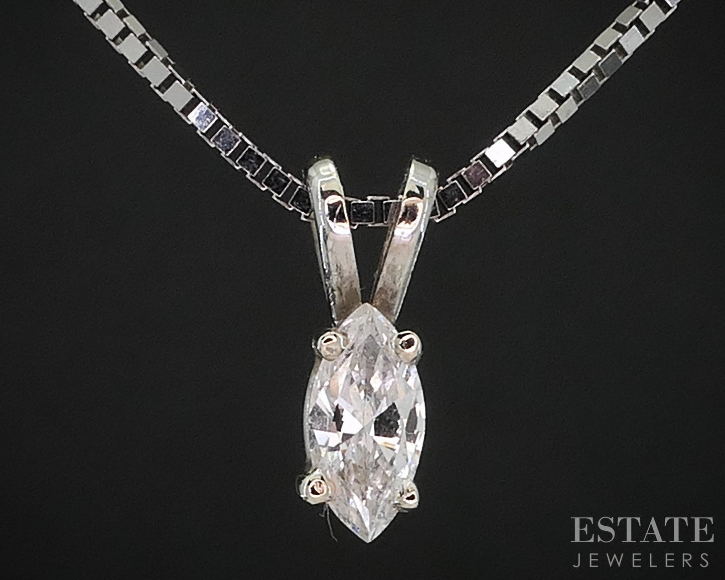 14k White Gold Marquise .12ct Diamond Solitaire Necklace 2.5g 18"L i19591b