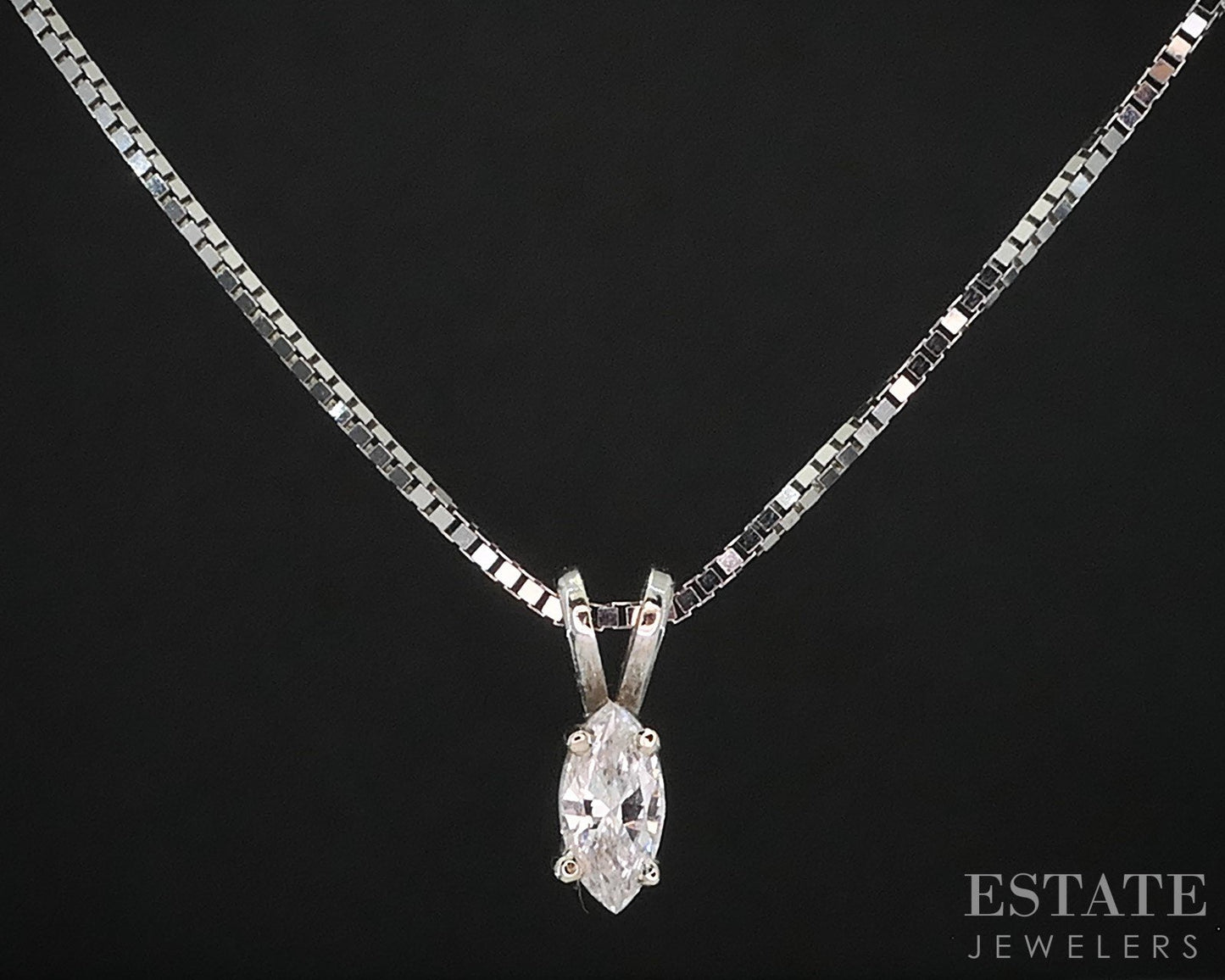 14k White Gold Marquise .12ct Diamond Solitaire Necklace 2.5g 18"L i19591b