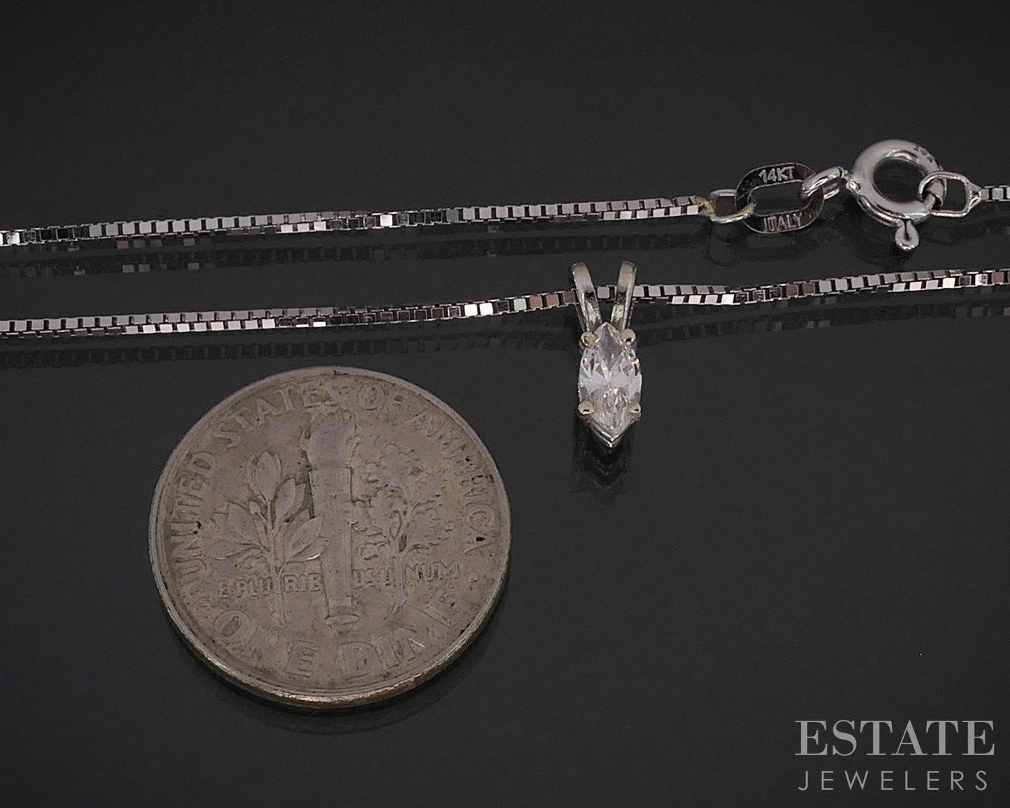 14k White Gold Marquise .12ct Diamond Solitaire Necklace 2.5g 18"L i19591b