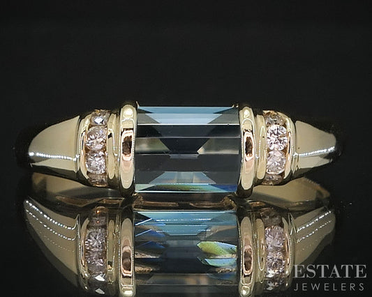 14k Yellow Gold Natural Blue Topaz & Diamond Ladies Band Ring 3.1g i19609b