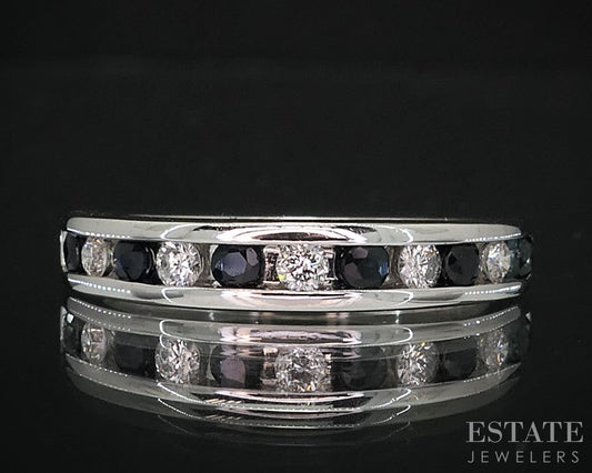 14k White Gold Natural Blue Sapphire & Diamond Ladies Band Ring 2.9g i19608b