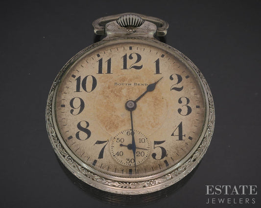 Antique Silver Tone South Bend 227 Railroad 21j Pocket Watch i19617