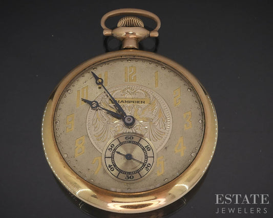 Antique Gold Filled Hampden 310 17j Fancy Dial Pocket Watch i19616
