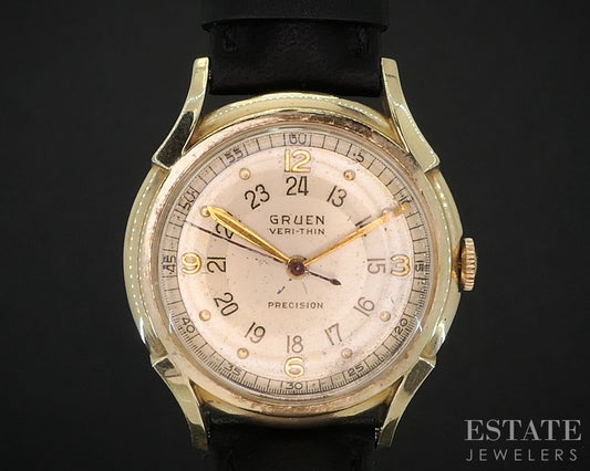 Vintage Gruen Veri-Thin 14k Yellow Gold 24 Hour Dial Mens Watch i19618