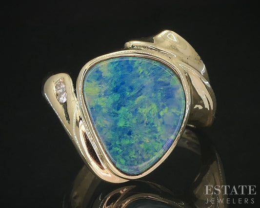 14k Yellow Gold Natural Boulder Opal & Diamond Ladies Band Ring 4.8g i19637