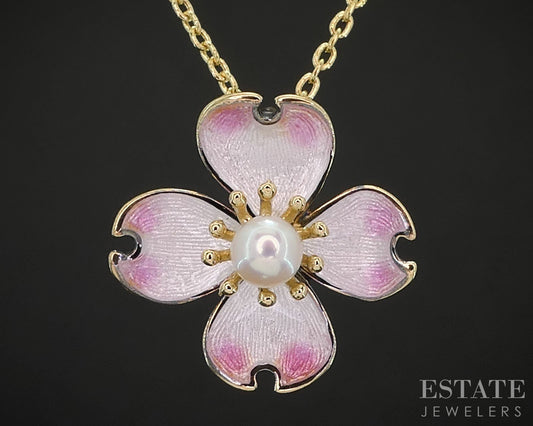 18k/10k Yellow Gold 3mm Pearl Enameled Dogwood Flower Necklace 1.9g 18"L i19639