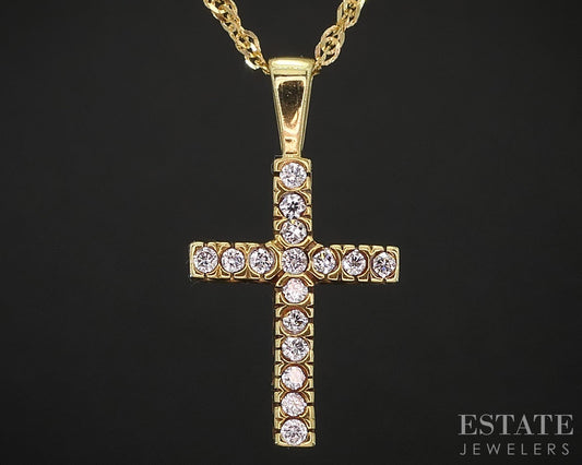 18k/14k Yellow Gold Natural .16ctw Diamond Cross Necklace 2.9g 18"L i19643