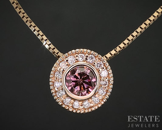 14k Rose Gold Round Natural .32ctw Pink Diamond Halo Necklace 3.1g 18"L i19626