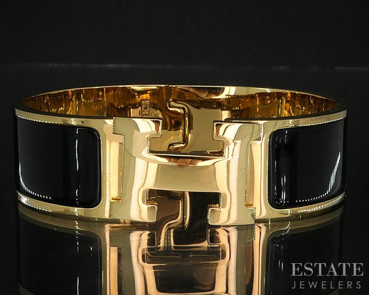 Vintage Gold Tone Hermes Enameled Clic "H" Bangle Bracelet i19636