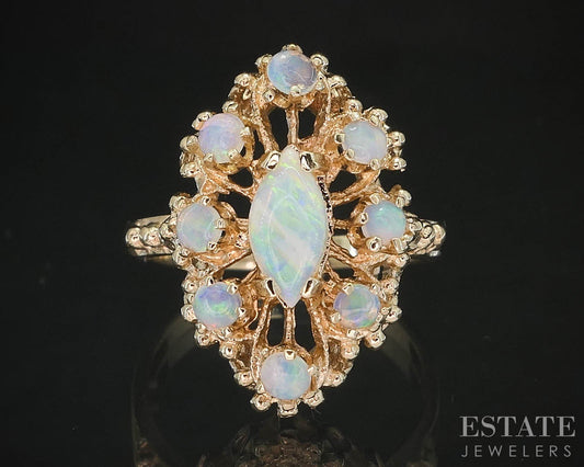 Vintage 14k Yellow Gold Marquise Natural Opal Halo Ladies Ring 3.8g i19633