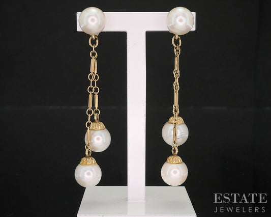 14k Yellow Gold 6.8mm Akoya Pearl Dangle Ladies Earrings 4.2g i19642