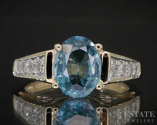 14k Yellow Gold Natural Blue Topaz & Diamond Ladies Ring 3.7g i19627