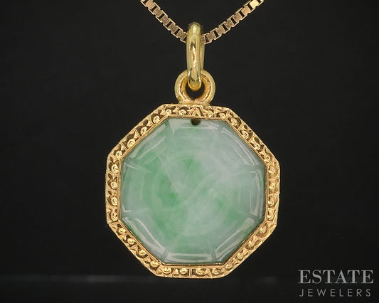 14k Yellow Gold Natural Green Jade Ying Yang Ladies Necklace 7.6g 20"L i19629